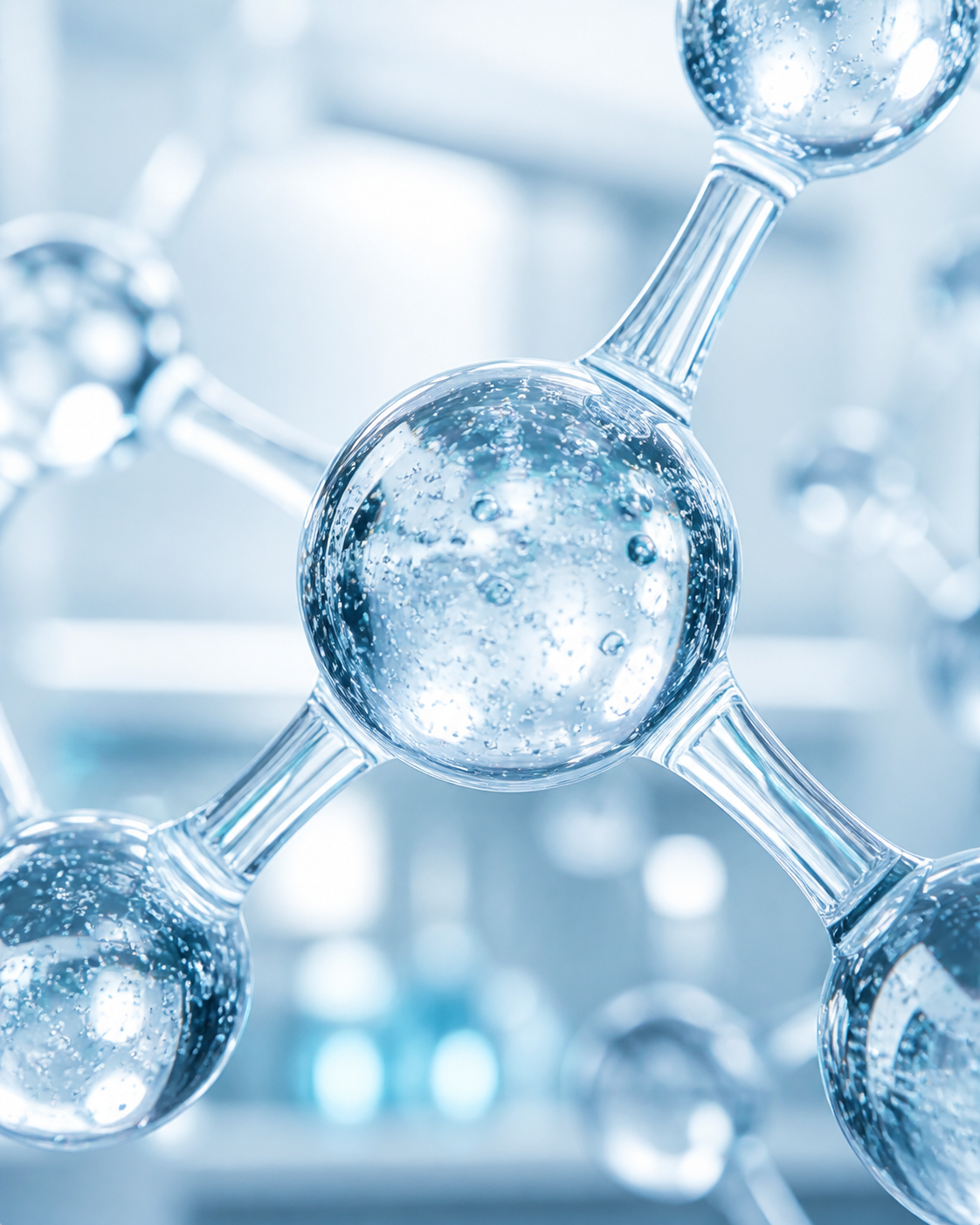A close view of a clear glass molecular structure